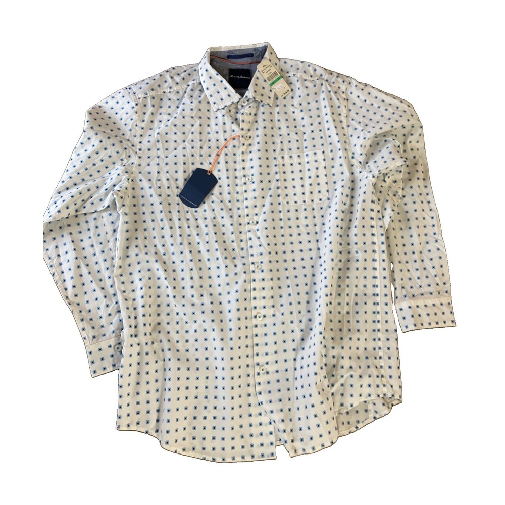 Tommy Bahama Silk Blend Long Sleeve Shirt Men's L New White Micro Squares $148